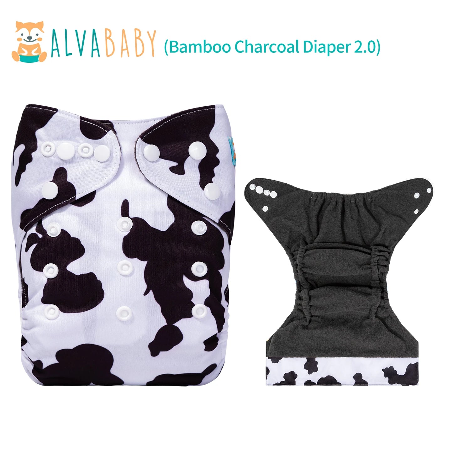 Alvababy Bamboo Charcoal Diaper 2.0 with a cow print design. The image shows the diaper front with white snaps and the interior, highlighting its adjustable and reusable features.