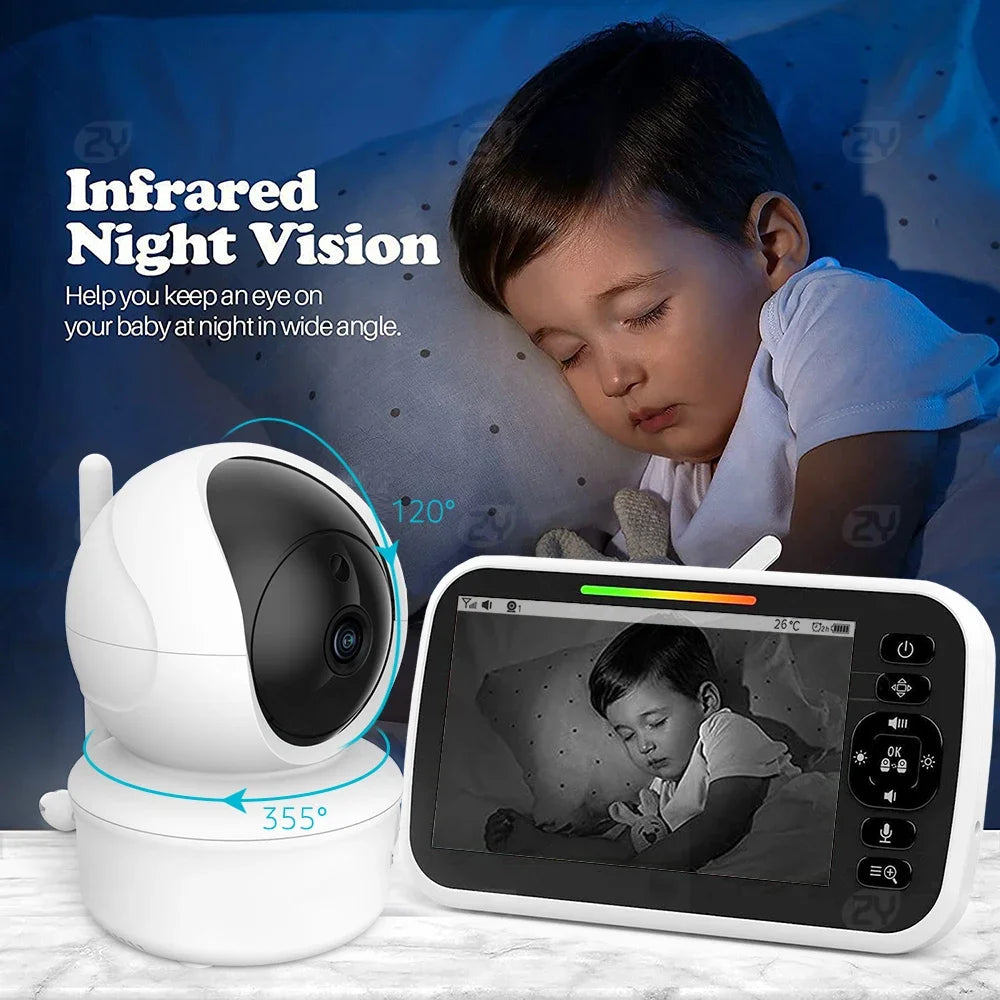 Baby monitor with infrared night vision displays a sleeping child on a screen. The camera has a 355-degree horizontal and 120-degree vertical rotation for wide-angle viewing.