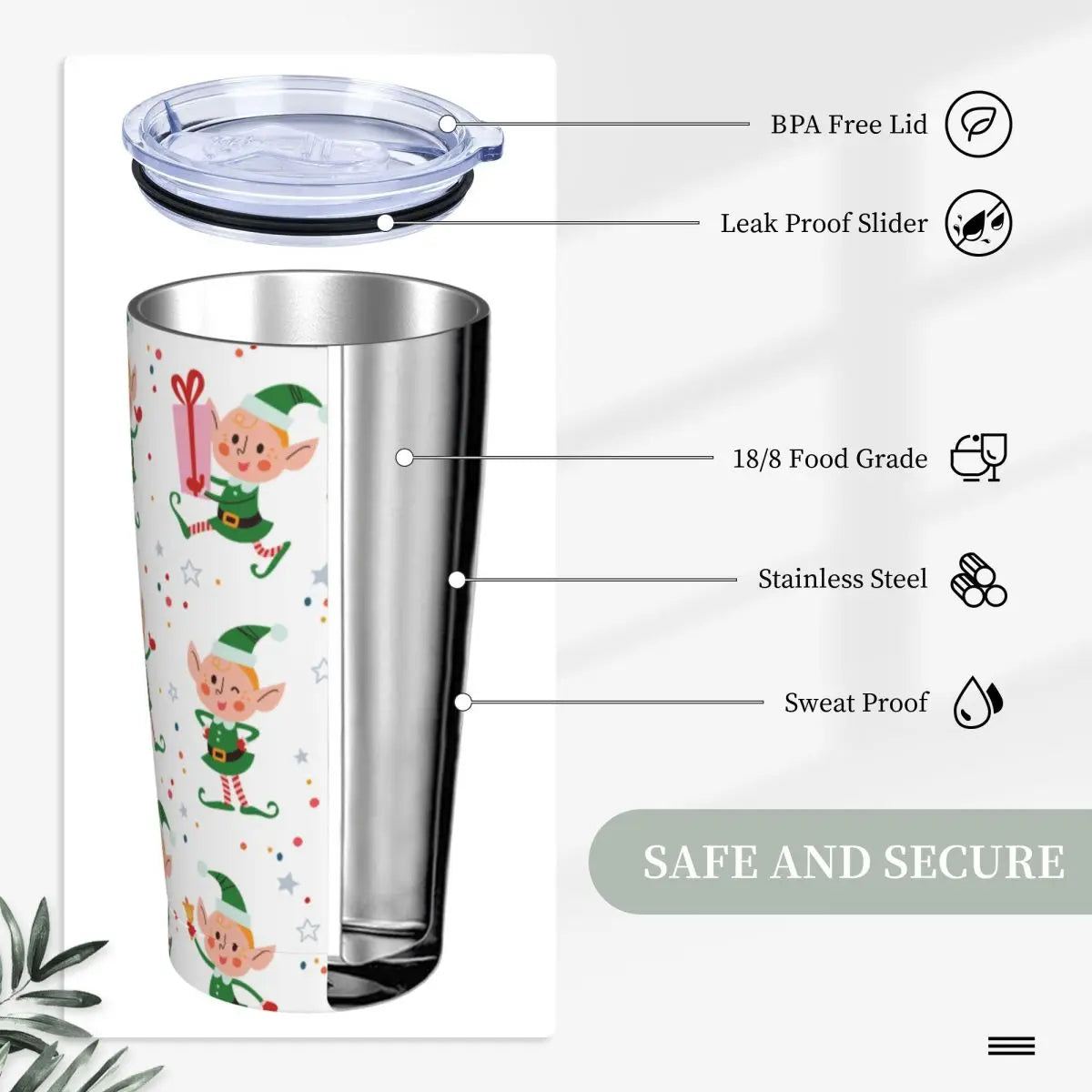 A stainless steel tumbler with a cute elf design, featuring a BPA-free lid, leak-proof slider, 18/8 food grade stainless steel, and sweat-proof construction. Safe and secure.