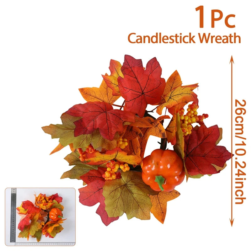 Artificial candlestick wreath with vibrant red, orange, and yellow maple leaves, small orange berries, and a mini pumpkin. Measures 26 cm (10.24 inches) in diameter.