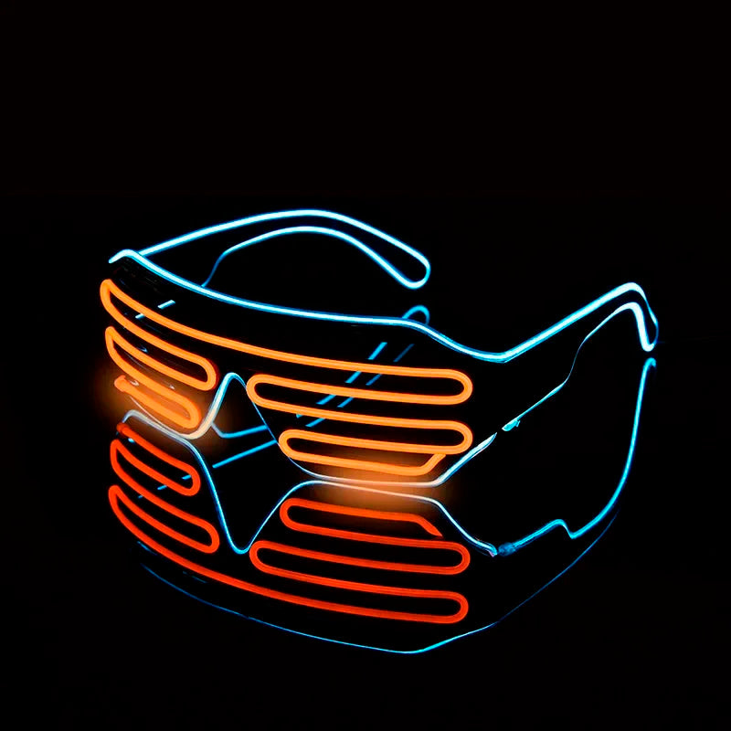 Futuristic neon glasses with glowing orange slats and blue outlines, set against a black background, creating a vibrant, tech-inspired look.
