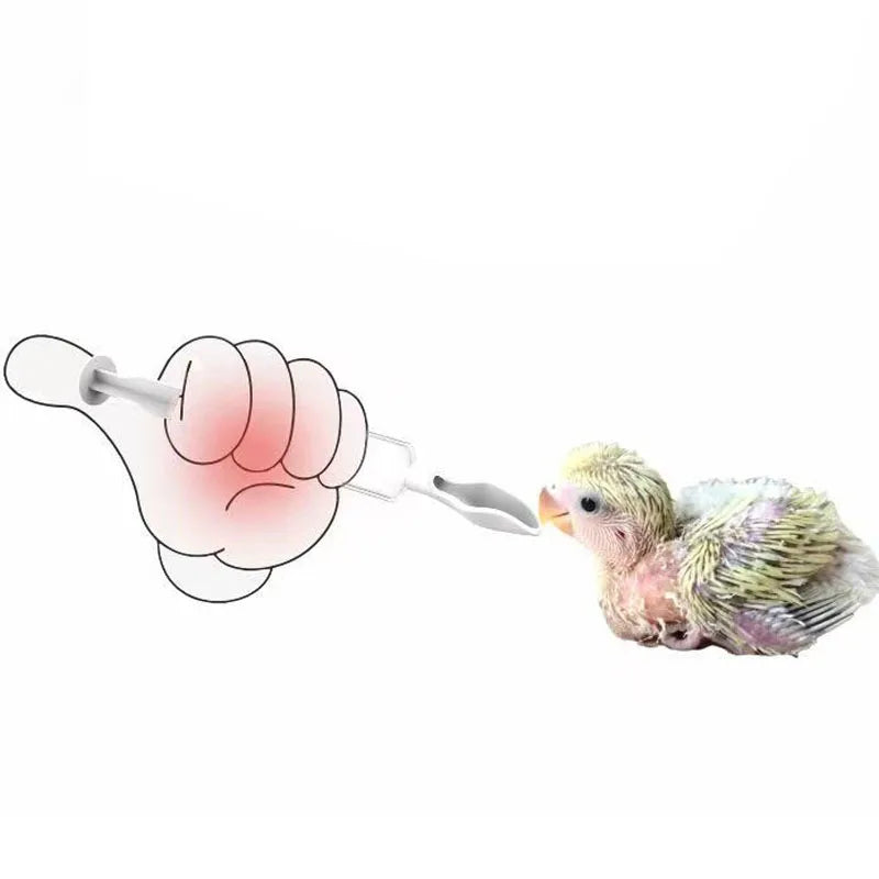 Cartoon hand holding a syringe with a spoon-like tip, offering food to a fluffy baby bird. The hand appears exaggerated with a red tint. Background is white.
