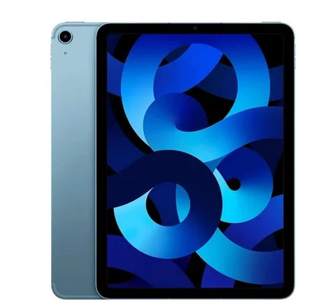 A sleek tablet in light blue, displaying a vibrant screen with abstract blue swirls on a black background. The rear camera is visible in the top corner of the device.