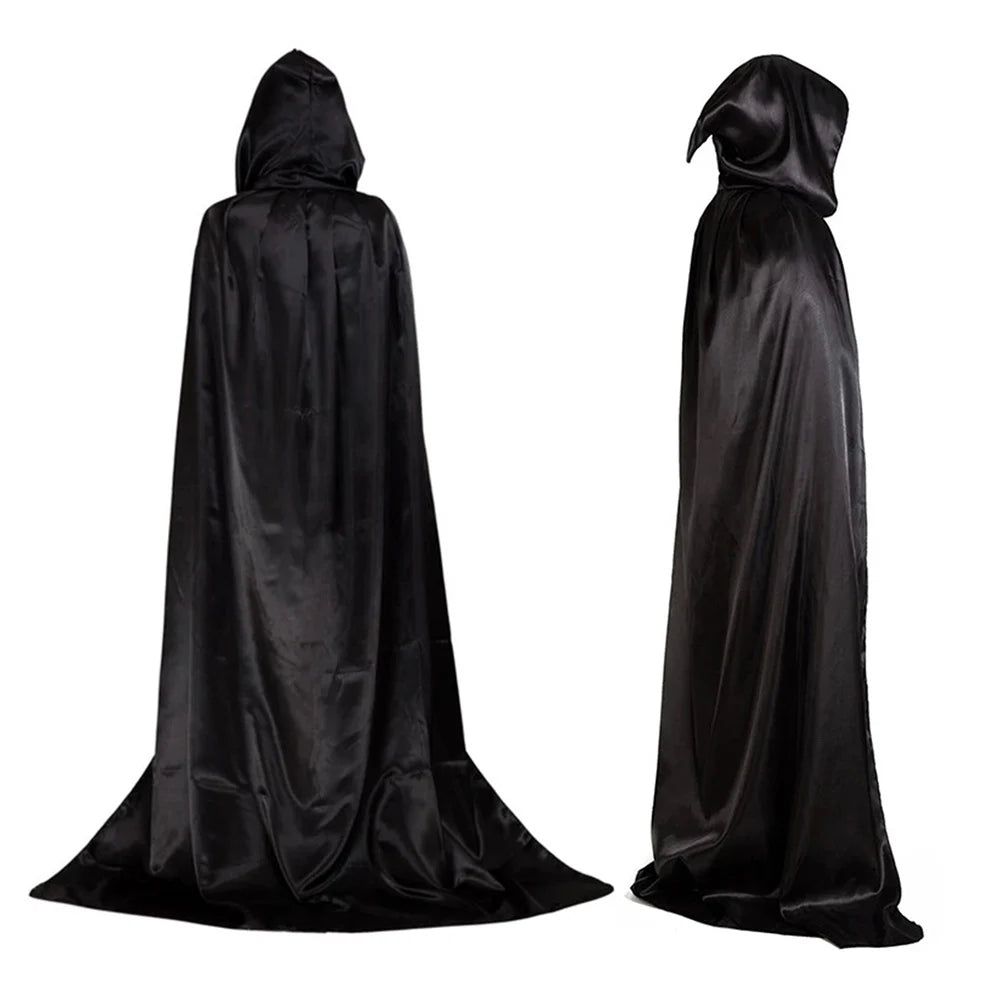 Two views of a long, black hooded cloak: one from the back showing the full drape, and one from the side highlighting the smooth, shiny fabric and flowing design.
