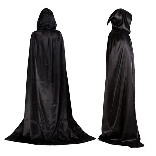 Two views of a long, black hooded cloak: one from the back showing the full drape, and one from the side highlighting the smooth, shiny fabric and flowing design.