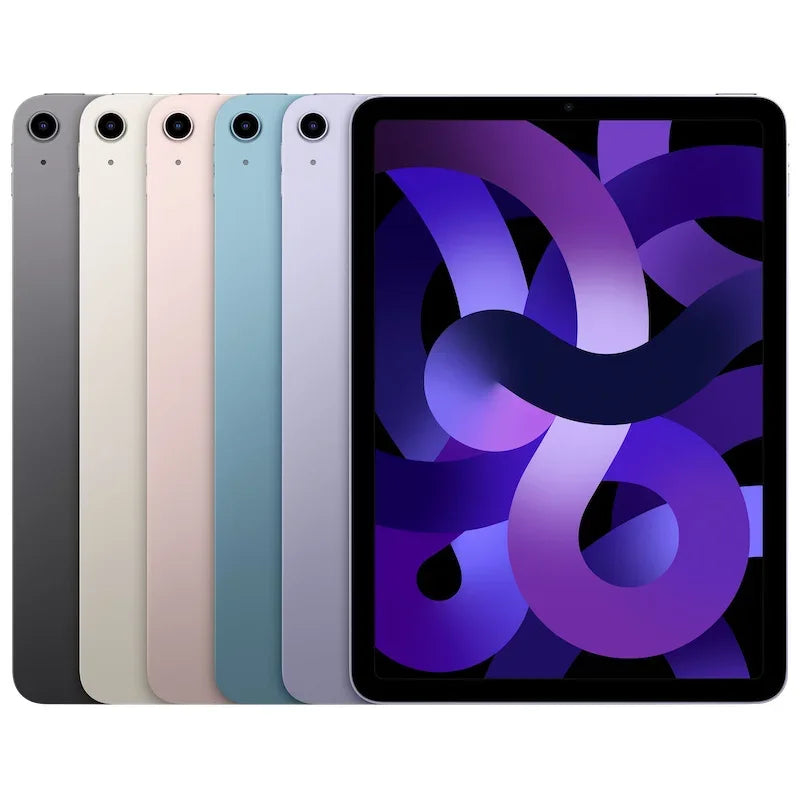 Six tablets in varied colors are lined up, showing their rear cameras and a screen displaying a purple abstract design. They range from dark grey to light purple tones.