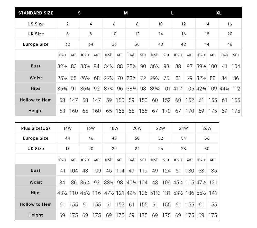 Size chart displaying standard sizes S to XL and plus sizes 14W to 26W, with measurements in inches and centimeters for bust, waist, hips, hollow to hem, and height.