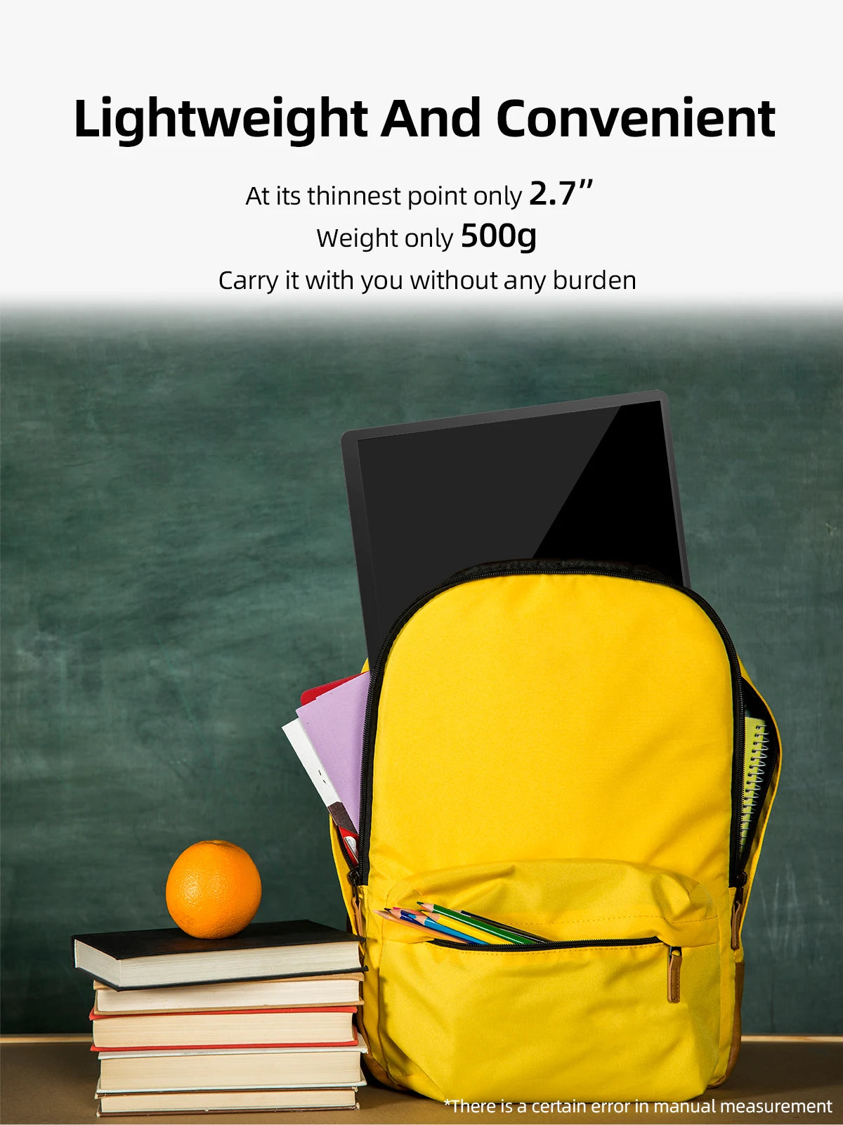 Yellow backpack with books, colored pencils, and a tablet against a chalkboard backdrop. Text highlights its lightweight design, measuring 2.7 inches thick and weighing 500g.