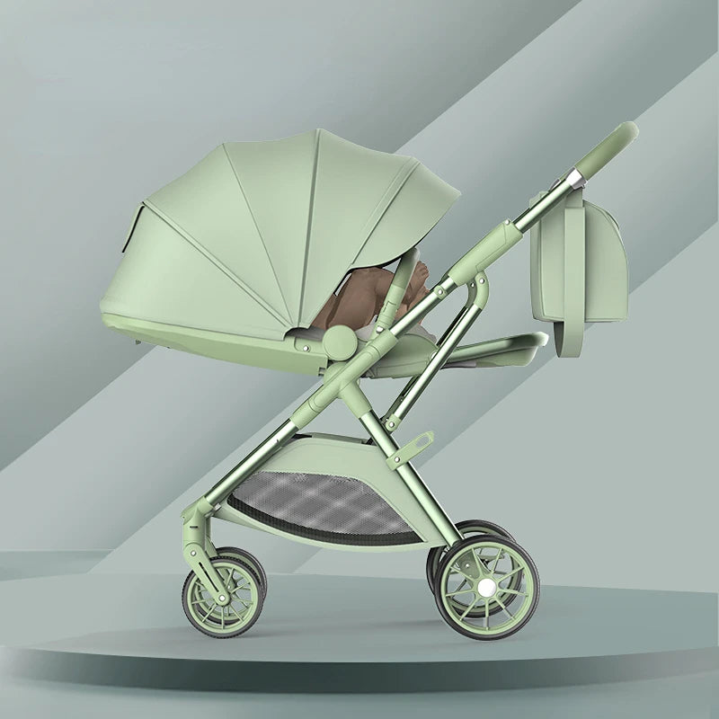 Green stroller with a canopy and reclined seat, showing a baby's feet inside. The sleek design features a small storage compartment and a modern, minimalist look.
