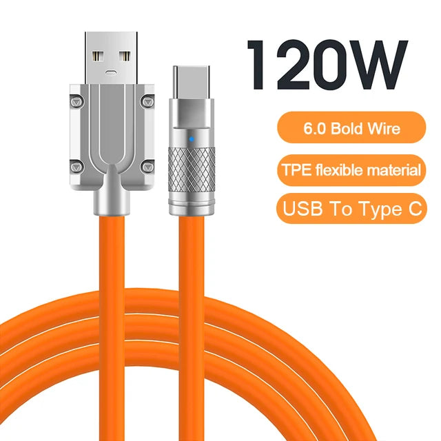 Orange USB to Type C cable with metal connectors, labeled 120W. Features include 6.0 bold wire and TPE flexible material, emphasizing durability and power delivery.