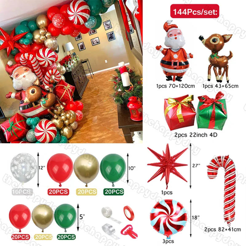 Festive holiday decor set with 144 pieces, featuring Santa and reindeer inflatables, candy cane and stars, colorful balloons, and gift boxes, perfect for Christmas celebrations.