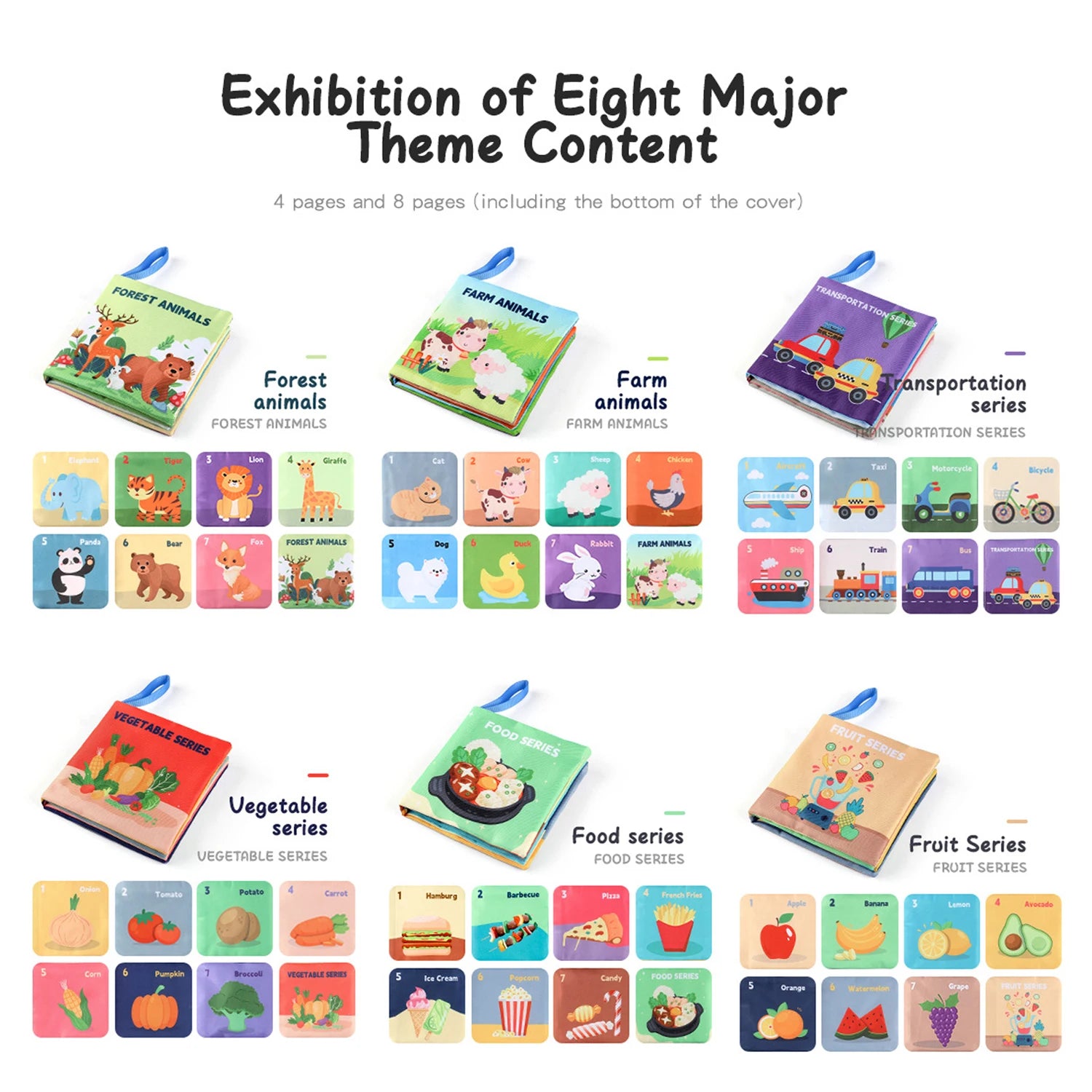 Image displaying a children's book set with themes: Forest Animals, Farm Animals, Transportation, Vegetables, Food, and Fruits. Each book shows colorful illustrations and titles.