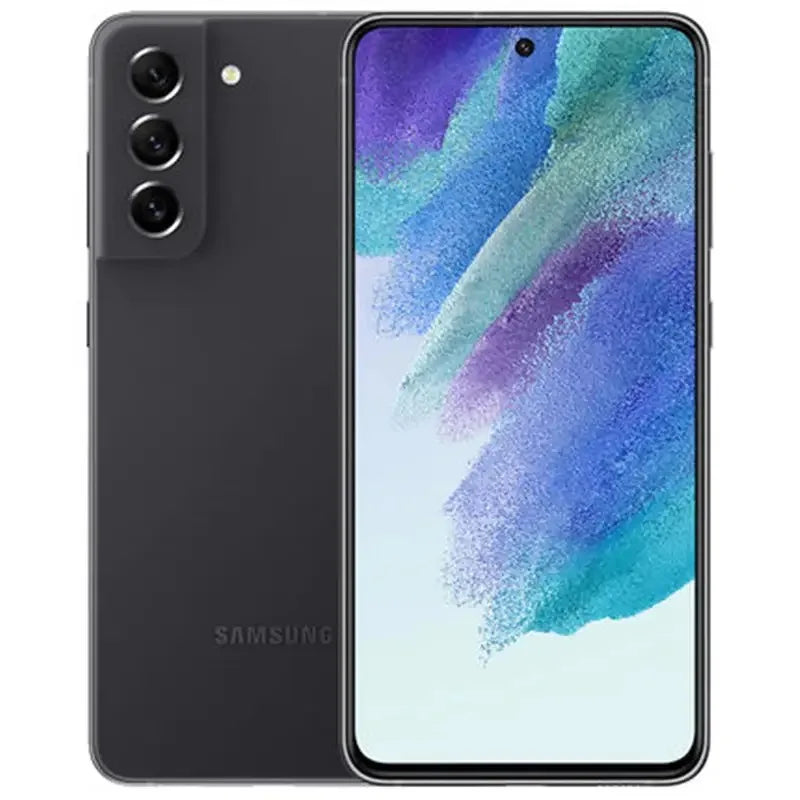 Front and back view of a black smartphone. The front displays a colorful abstract screen, while the back shows three vertically aligned cameras on the top left.