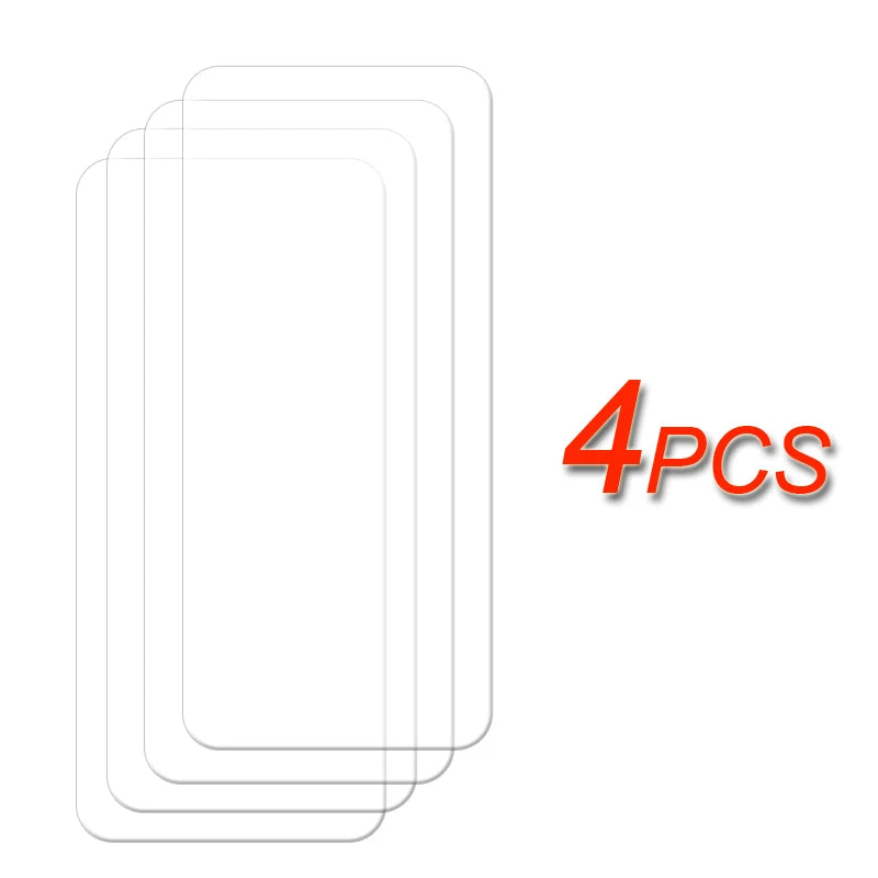 Four transparent screen protectors are stacked on the left, depicted in simple outlines. The text "4PCS" in bold red is displayed on the right against a plain white background.