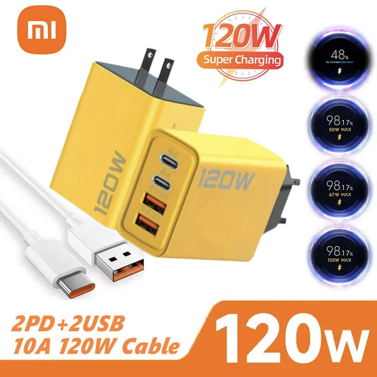Yellow 120W charger with two PD and two USB ports, featuring fast charging capability. Includes USB-C and USB-A cables. Text highlights 120W super charging and 10A power.