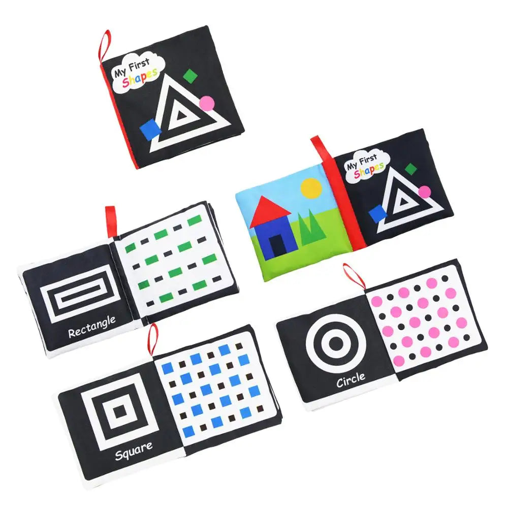 Cloth books titled "My First Shapes" showing geometric shapes: triangle, rectangle, square, and circle, with colorful patterns and a house illustration.