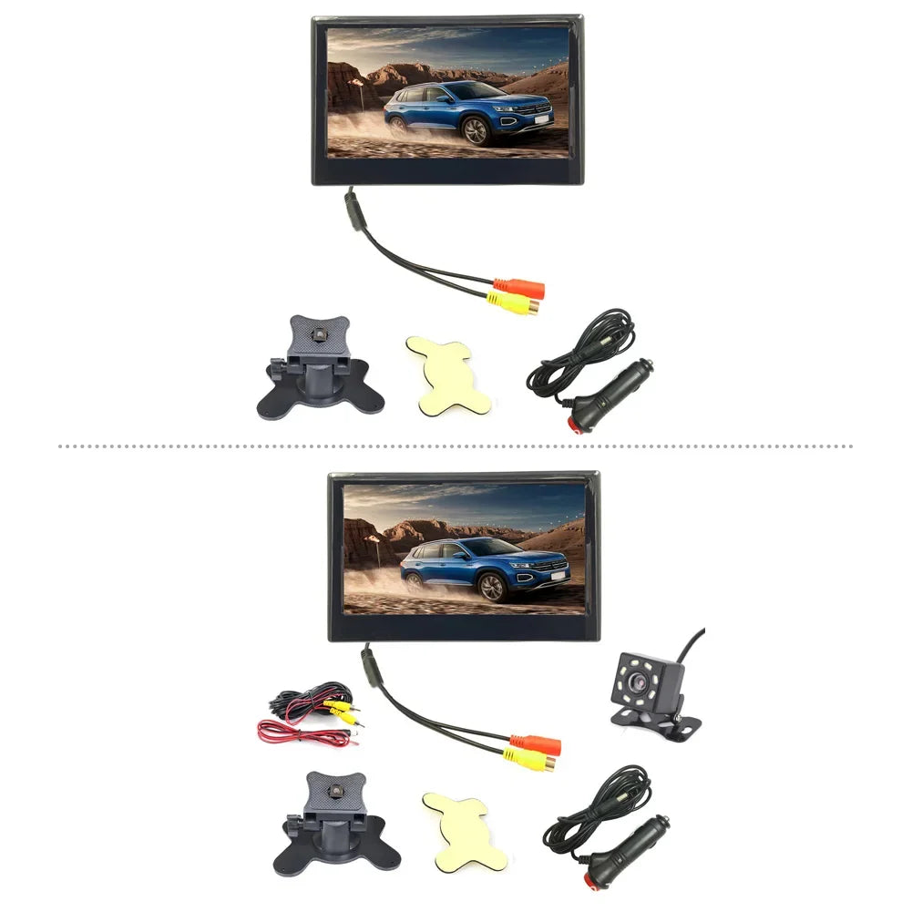Car monitor kit displayed in two setups: one with cables and mounting brackets, the other adding a rear camera. Both feature a dashboard screen showing a blue SUV in motion.