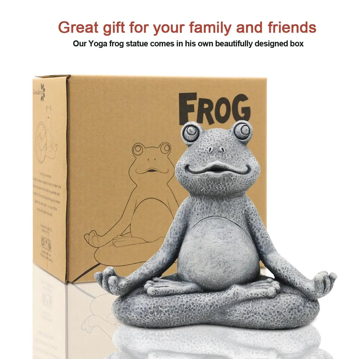 Yoga frog statue in a meditative pose sits in front of its packaging box. The box features an illustration of the statue, labeled with "FROG". Text above suggests it as a great gift.
