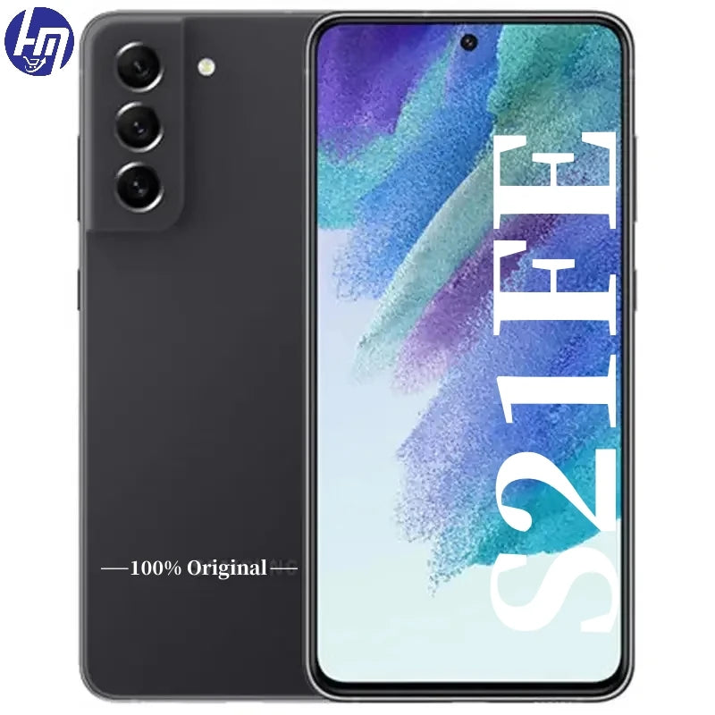 Front and back view of a smartphone with "S21 FE" on the screen. The back has a triple camera and "100% Original" text. The design is sleek with a modern look.