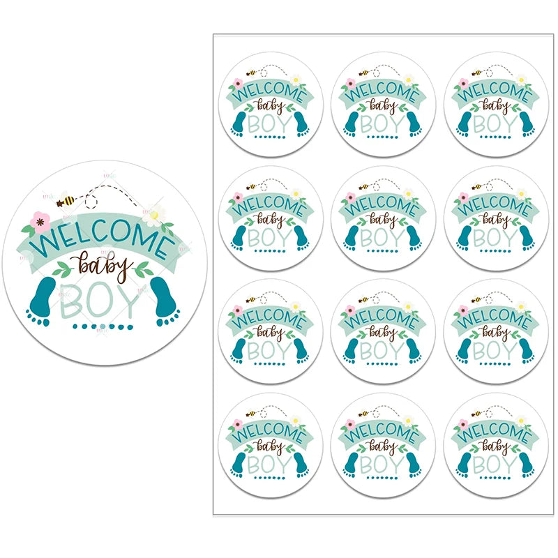 Round stickers with the phrase "Welcome Baby Boy," featuring teal footprints, flowers, and a bee design. One enlarged sticker on the left, full sheet of 12 on the right.