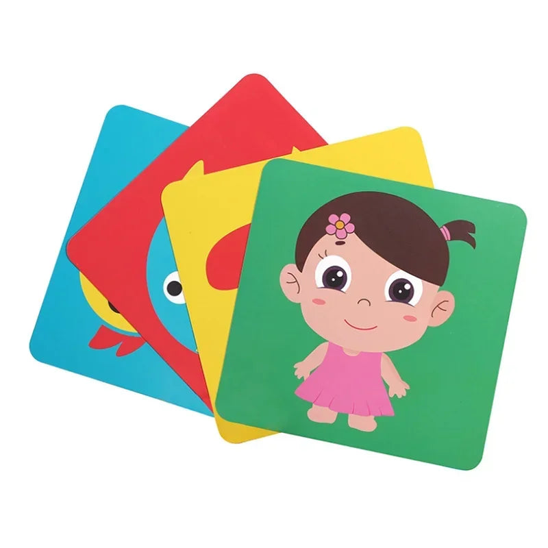 Stack of colorful square cards featuring cartoon illustrations, with a girl in a pink dress on the top card. Other cards show abstract shapes partially visible.