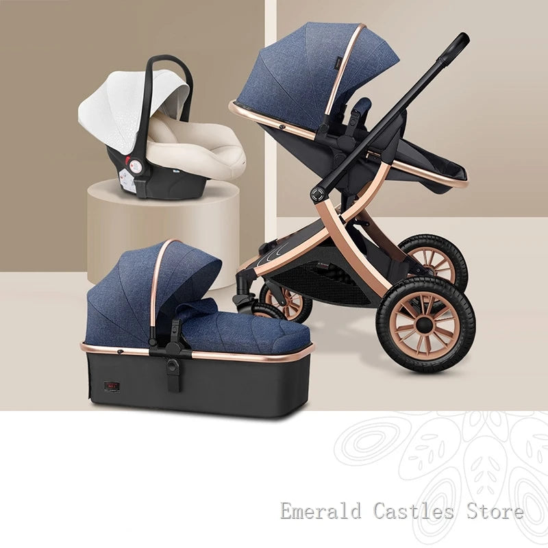 Stylish travel system includes a blue and rose gold stroller, matching carrycot, and a beige car seat. Displayed against a neutral background with "Emerald Castles Store" text.