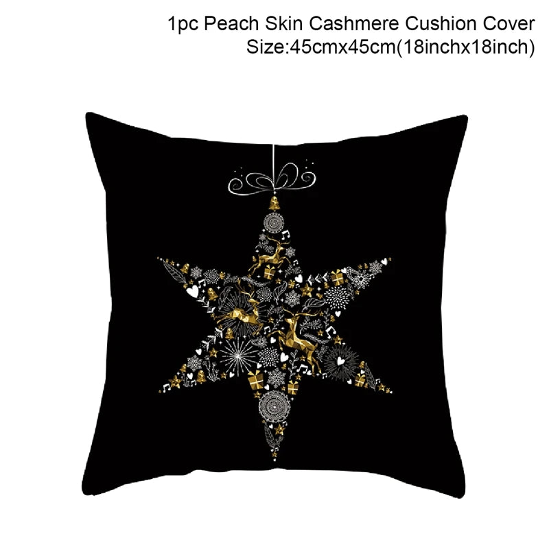 Black cushion cover with a white and gold star design featuring intricate patterns of gifts, hearts, and leaves. Text above reads "1pc Peach Skin Cashmere Cushion Cover Size: 45cm x 45cm."