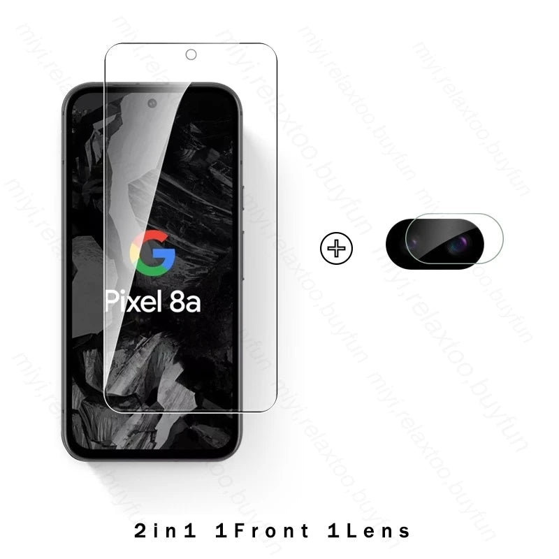 Clear screen protector and lens cover for Pixel 8a. Includes a front glass cover with a camera cutout and a lens protector, labeled "2in1 1Front 1Lens."
