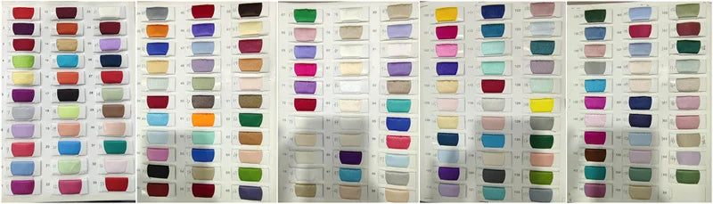 A collection of fabric swatches displayed in panels, featuring various colors including shades of red, blue, green, and pink. Each panel has multiple rows of rectangular fabric samples.