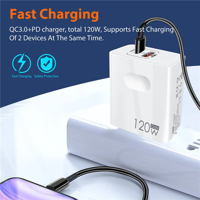 White QC3.0+PD charger, 120W, fast charges two devices. Features a cable connected and icons for fast charging and safety. Blue background with "Fast Charging" text.