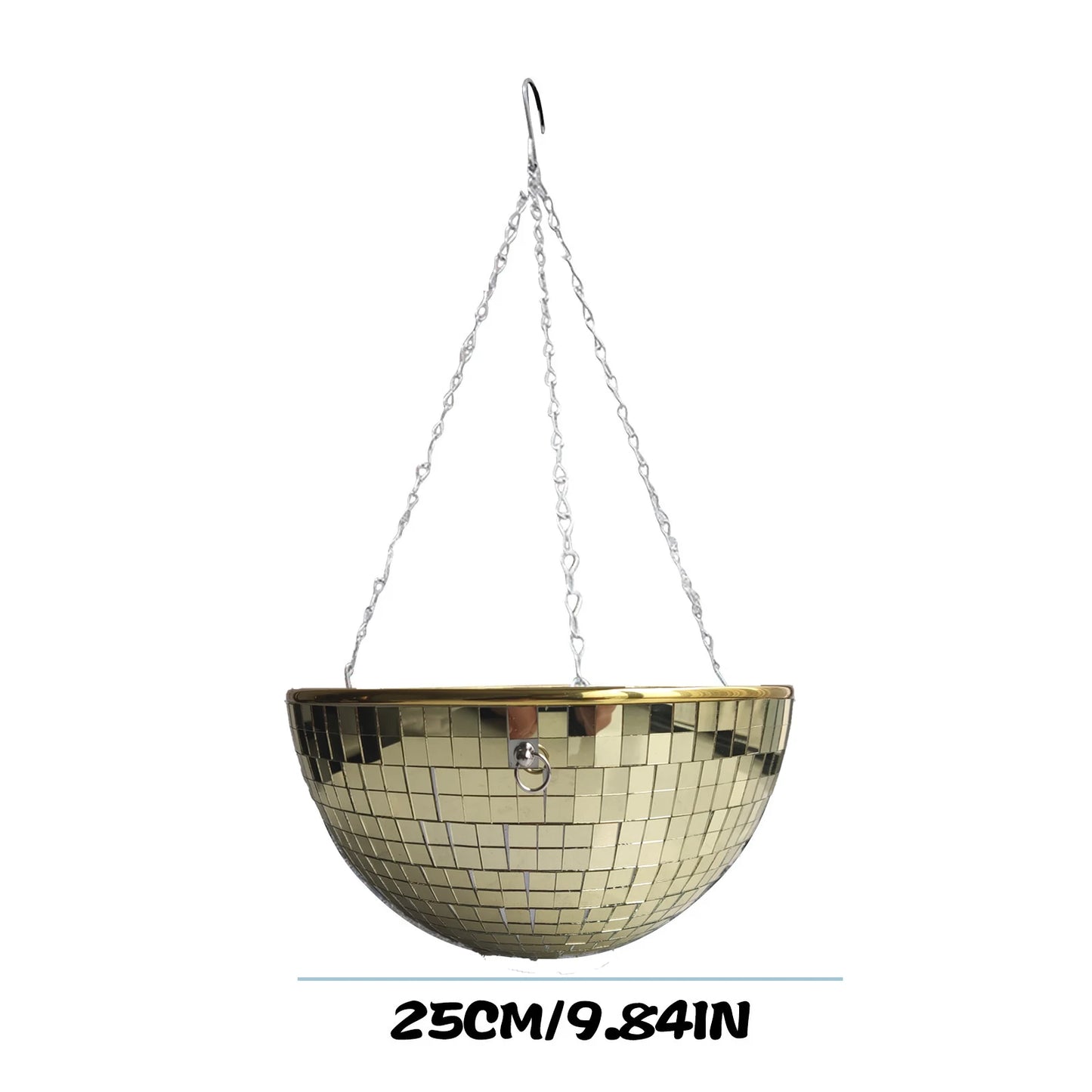 Gold mosaic planter in a half-sphere shape, measuring 25cm in diameter. It hangs by two metal chains attached to a hook, showcasing a reflective surface.