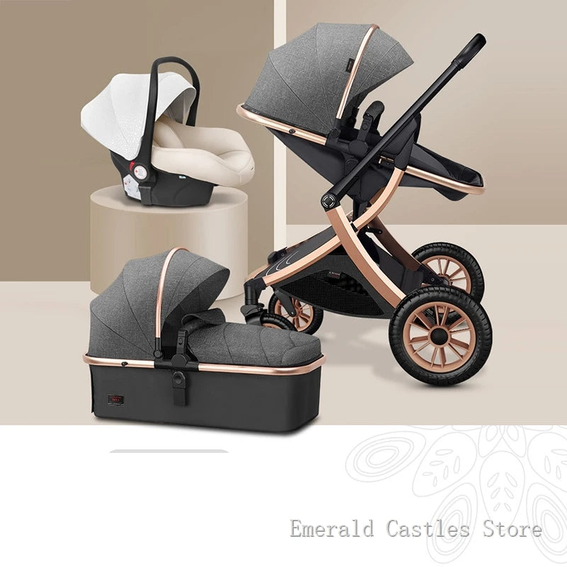 A stylish baby stroller set, featuring a car seat, two bassinets, and a stroller with gray fabric and rose gold accents. Displayed on a neutral-toned background.