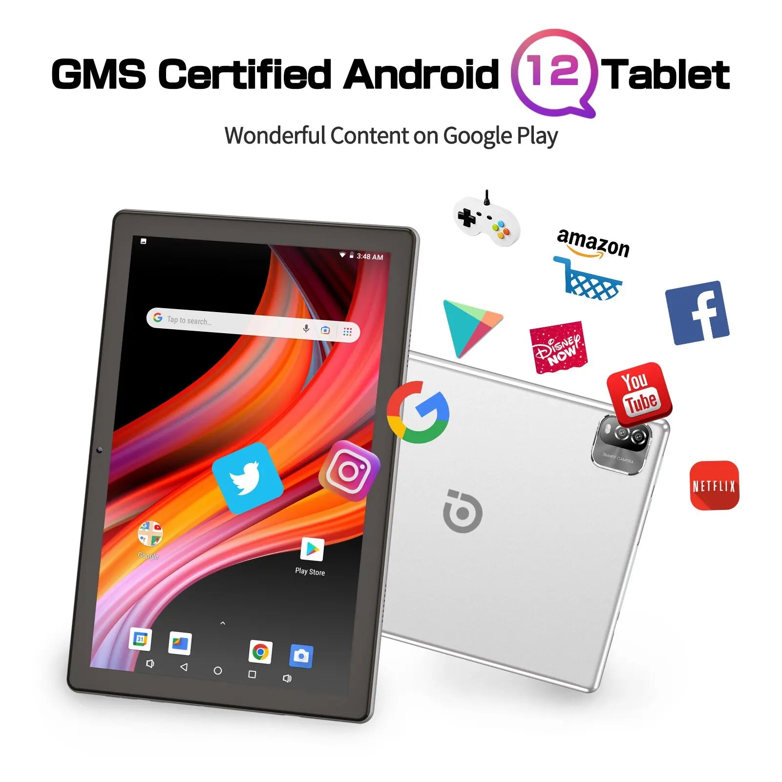 GMS Certified Android 12 Tablet with vibrant display, featuring social media and streaming icons like Twitter, Instagram, YouTube, Facebook, Netflix, and Disney Plus.