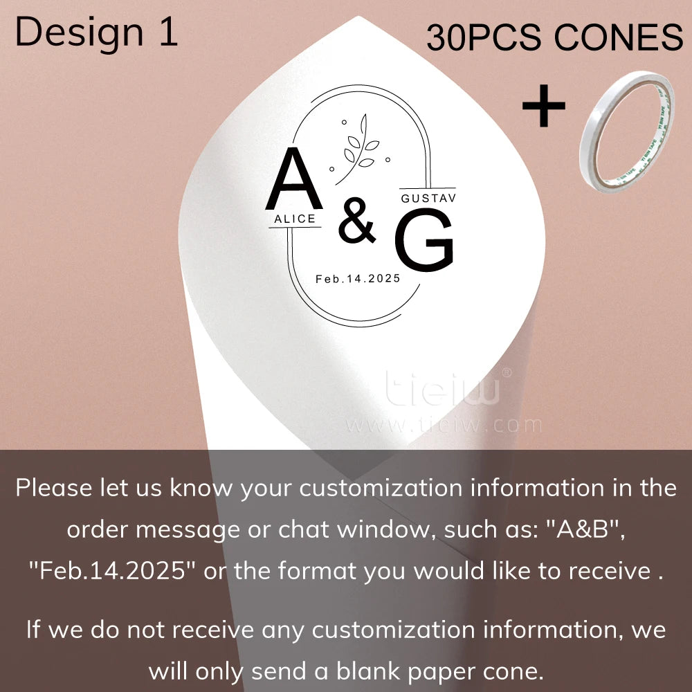 Wedding paper cone design with initials "A & G" and date "Feb.14.2025." Includes 30 cones and tape. Customization details requested; a blank cone is sent if none provided.