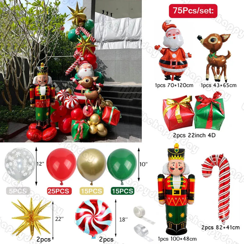 Christmas balloon set featuring Santa, reindeer, nutcracker, and festive decorations. Includes colorful balloons, candy cane, gifts, and stars for holiday celebrations.