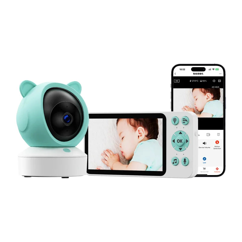 A baby monitor system showing a baby sleeping. Includes a teal camera with bear ears, a monitor displaying the baby, and a smartphone app interface mirroring the baby’s image.