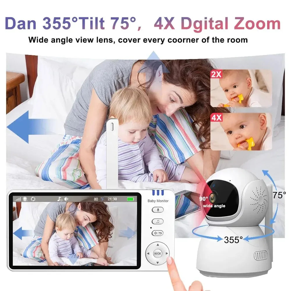 Baby monitor with 355° pan, 75° tilt, and 4X digital zoom. It features wide-angle coverage, showing a mother and child on the screen and a camera illustration beside it.