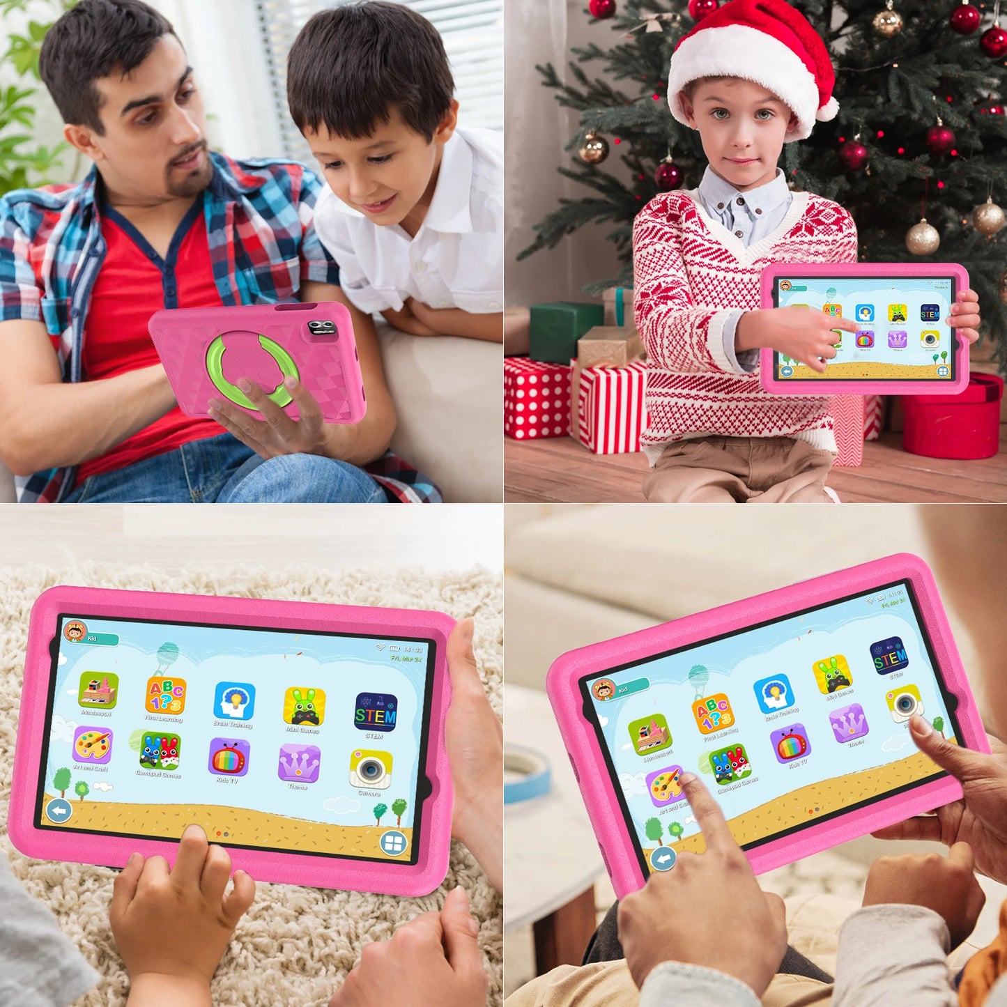 Children using a pink tablet for learning apps, watched by an adult. One child wears a Santa hat near a Christmas tree. Screens show educational icons and colorful backgrounds.