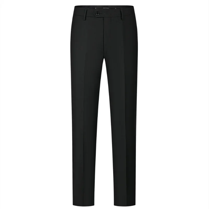 Black tailored dress pants with a button closure and belt loops, featuring a straight-leg fit and a crisp crease down the front.