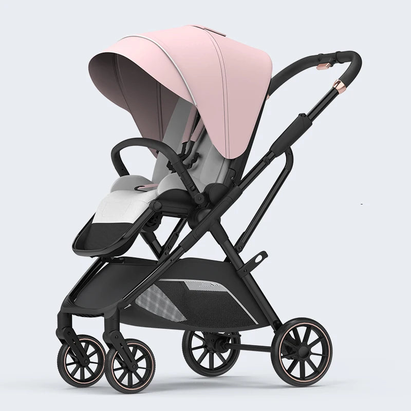 Modern baby stroller with a pink canopy and black frame, featuring four wheels and a reclining seat. The design includes a padded handlebar for easy maneuvering.