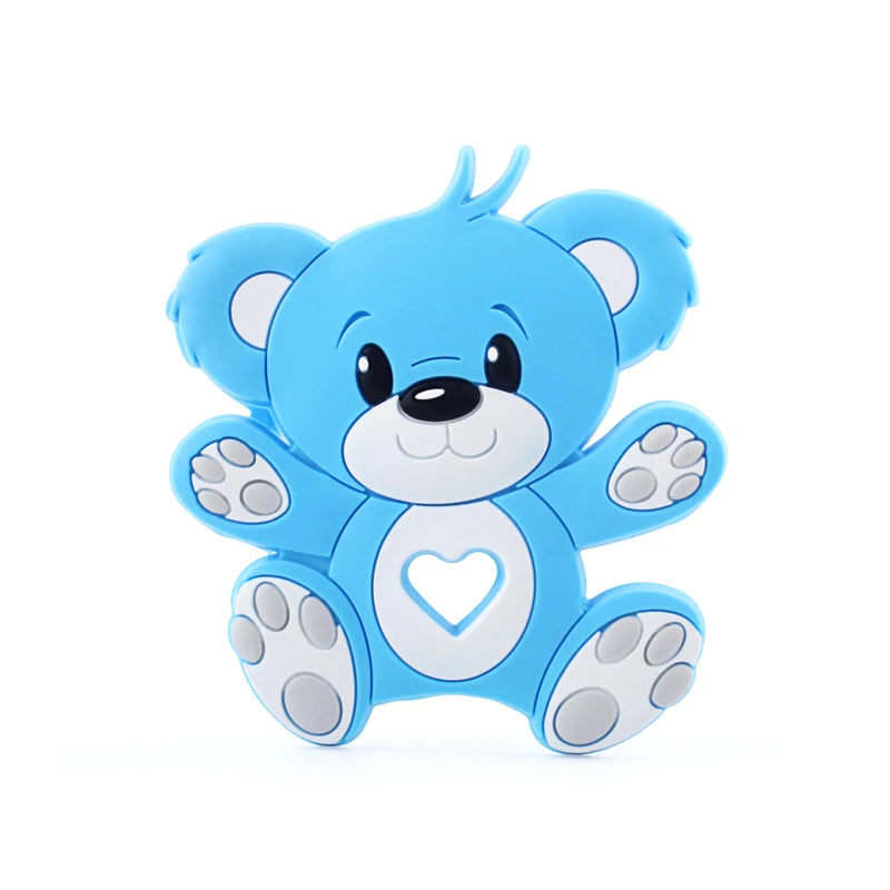 Cute blue cartoon teddy bear with big eyes, a small smile, and a heart-shaped hole on its belly. It has large ears, and its arms and legs are spread outward.
