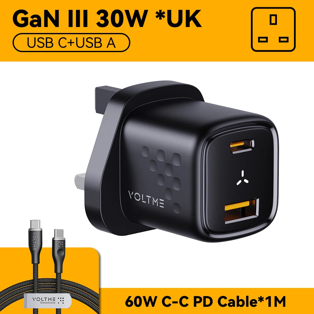 Black 30W GaN III USB-C and USB-A charger with UK plug. Includes 1m 60W USB-C to USB-C PD cable. Voltme branding in a yellow and black design.