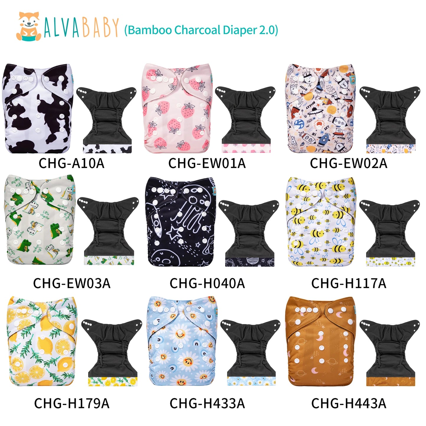 Image of nine colorful AlvaBaby Bamboo Charcoal Diapers with prints like cow spots, flowers, bees, and astronauts. Each includes a black absorbent insert and is labeled with a unique code.