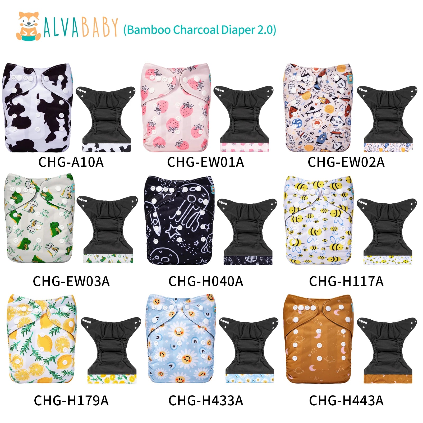 Image of AlvaBaby Bamboo Charcoal Diapers in various patterns, including cow, floral, space, bee, and lemon motifs, each shown with an insert and labeled with product codes.