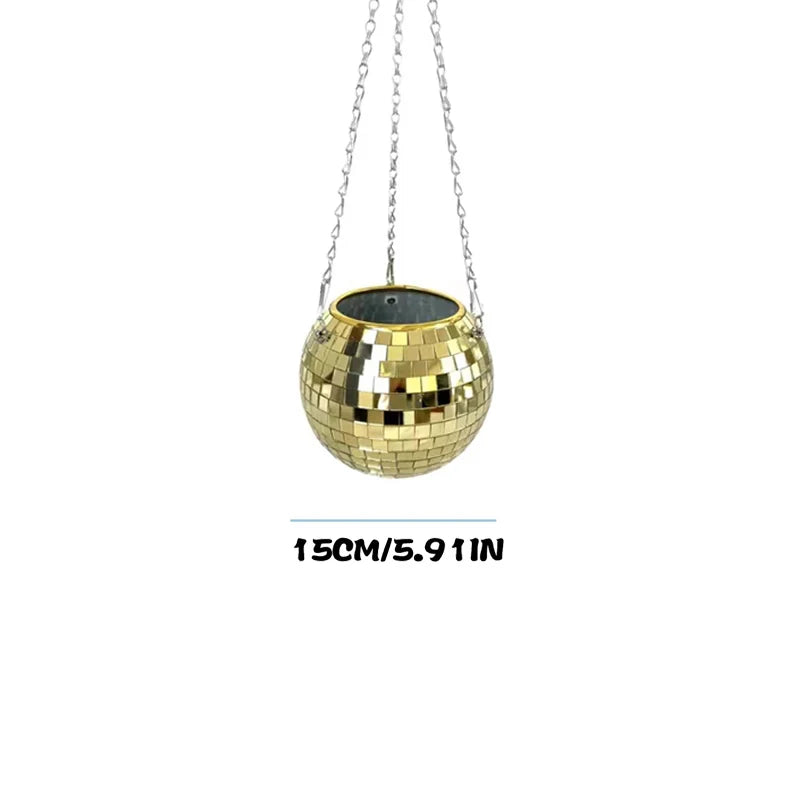 Hanging planter with a gold disco ball design suspended by metal chains. The diameter is noted as 15cm or 5.91 inches.
