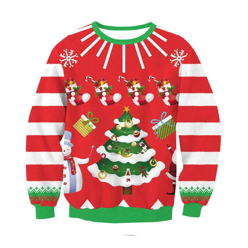 Red Christmas sweater with white stripes and green trim, featuring snowflakes, a Christmas tree, stockings, presents, and a snowman. Festive holiday design.