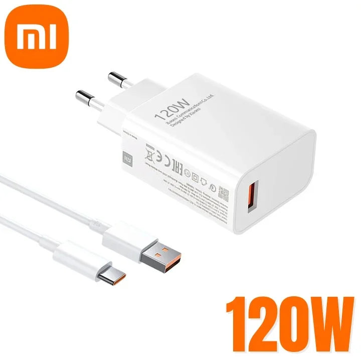 Image of a Xiaomi 120W fast charger with USB-C cable. The charger is white with black prongs and features the Xiaomi logo. A large "120W" text is displayed in orange.