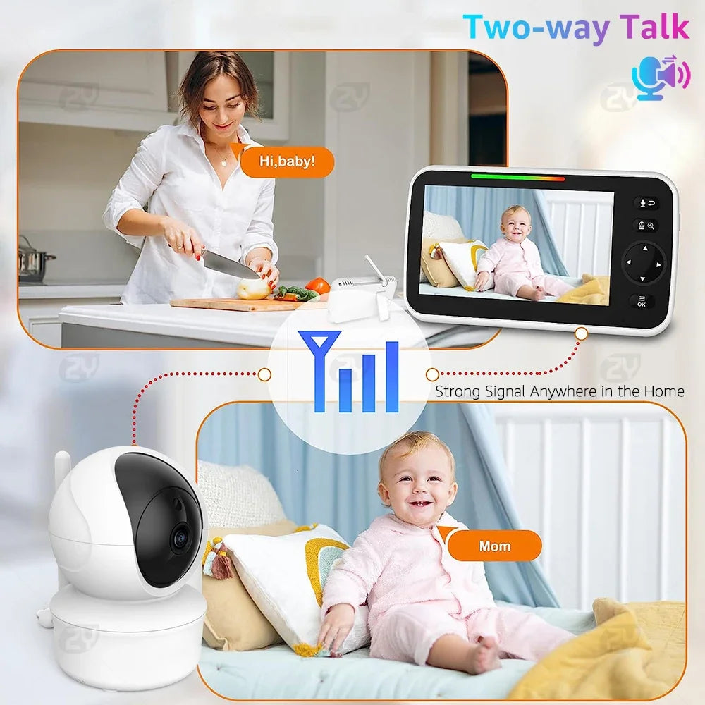 Woman cooking in a kitchen uses a baby monitor with a two-way talk feature to speak to a baby on the screen. A crib camera ensures a strong signal throughout the home.