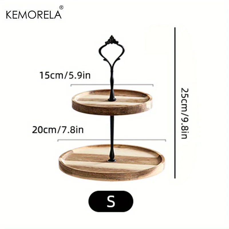 Two-tier wooden serving stand with black metal handle. Top tray diameter is 15cm, bottom tray 20cm, total height 25cm. Suitable for displaying items.