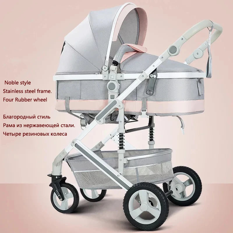 Gray and pink baby stroller with a stainless steel frame and four rubber wheels, featuring a canopy and storage basket. Labels describe materials and features in English and Russian.